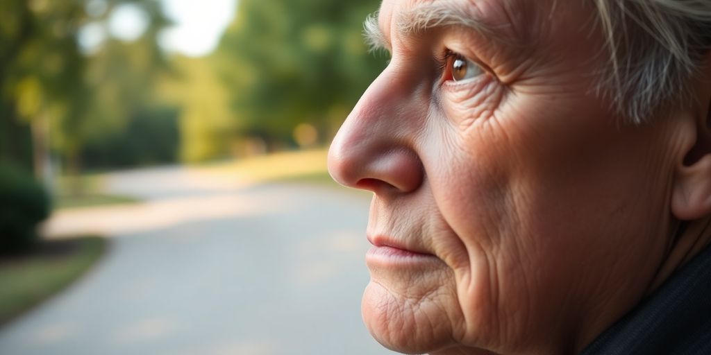 Older mature person at a park thinking about retirement